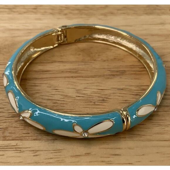Vintage Style Blue Turquoise Aqua and Gold Rhinestone Bangle Fashion Jewelry - Picture 1 of 12